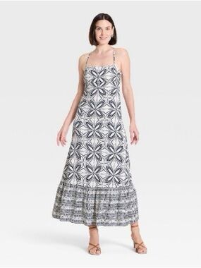 White and Navy Patterned Maxi Dress - Sleeveless Strappy